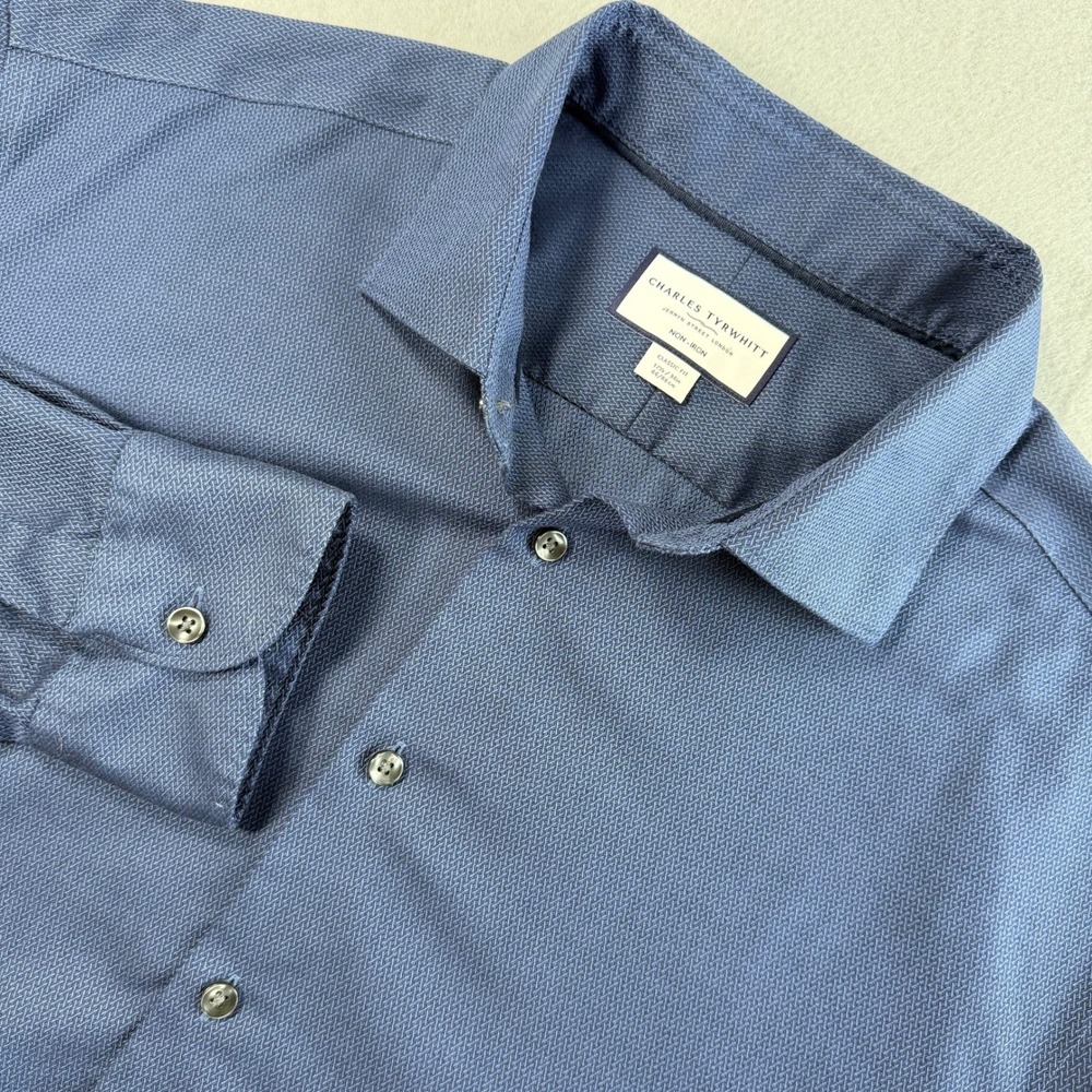 Charles Tyrwhitt Dress Shirt Mens 17.5 Navy Blue Non-Iron Classic Fit